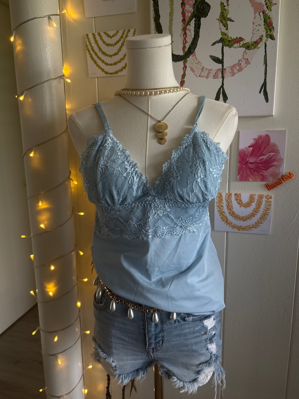 Light Blue Lace Trim Camisole Top - Women